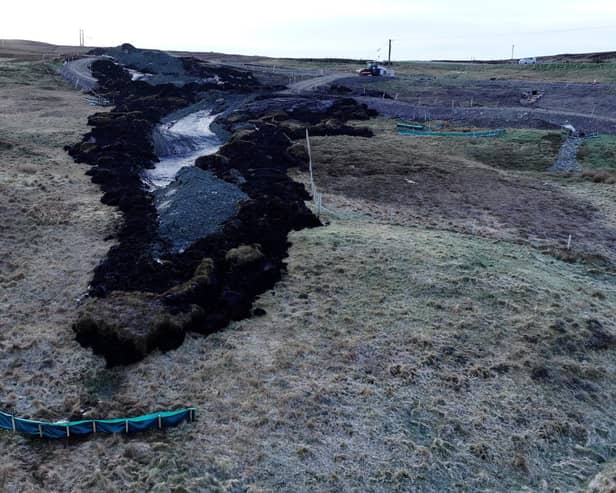 This aerial shot shows the aftermath of the peat slide, which halted work on a major electricity network upgrade project in Shetland that will allow increasing renewable energy to be connected to the grid and power exported to the rest of the UK