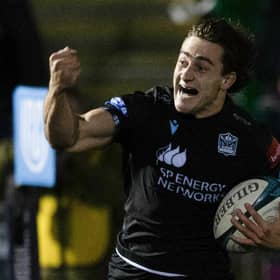 Warriors' Josh McKay scores his side's fifth try during a BKT United Rugby Championship match between Glasgow Warriors and Vodacom Bulls at Scotstoun Stadium, on October 08, 2022, in Glasgow, Scotland. (Photo by Craig Williamson / SNS Group)