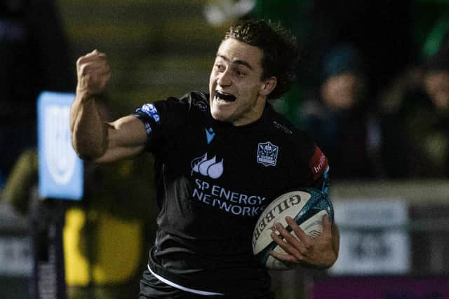 Warriors' Josh McKay scores his side's fifth try during a BKT United Rugby Championship match between Glasgow Warriors and Vodacom Bulls at Scotstoun Stadium, on October 08, 2022, in Glasgow, Scotland. (Photo by Craig Williamson / SNS Group)