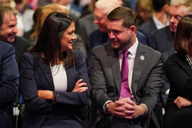 Lisa Nandy, shadow secretary of state for levelling up, housing, communities & local government, speaks with Jim McMahon, shadow secretary of state for environment, food and rural affairs on the first day of the Labour Party Annual Conference. Picture: Ian Forsyth/Getty Images
