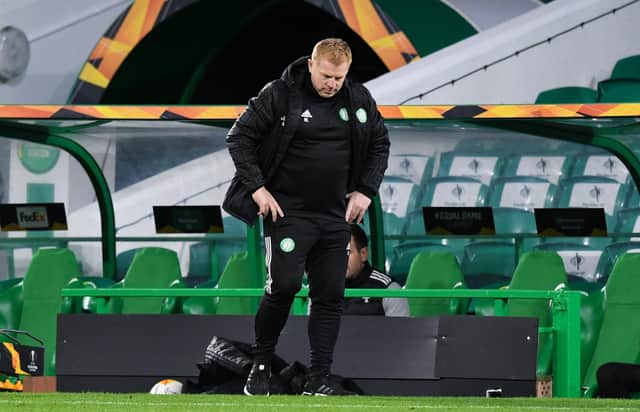 Celtic manager Neil Lennon cuts a frustrated figure during his side's Europa League loss against Milan. Picture: SNS