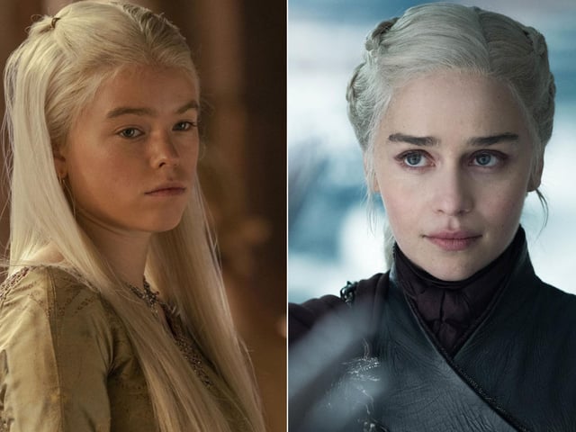 Princess Rhaenyra Targaryen (Milly Alcock) has been compared to Daenerys Targaryen (Emilia Clarke) of Game of Thrones. Rhaenyra may be Daenerys' great, great great (etc) grandma, but the similarities are evident. They are both young Targaryen women who are underestimated by men. They both have a birthright, are dragonriders, have a fierce will and - crucially - spectacular eyebrows.