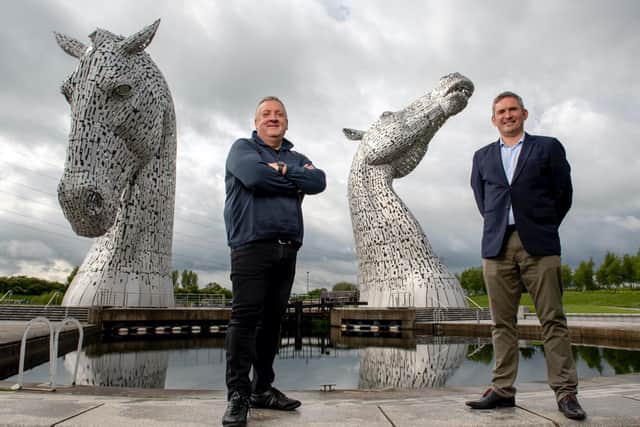 Scottish Building Society’s Paul Denton and Ambiental’s Justin Butler announce partnership at The Kelpies. Picture: Alistair Devine