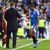 Rangers striker Alfredo Morelos shakes hands with manager Michael Beale after the win over Aberdeen.