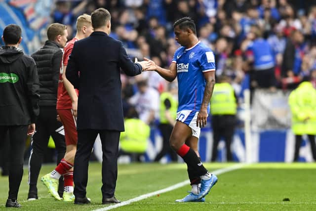 Rangers striker Alfredo Morelos shakes hands with manager Michael Beale after the win over Aberdeen.
