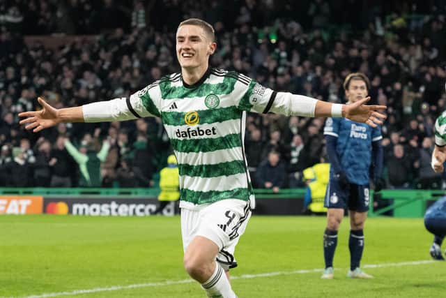 Celtic's Gustaf Lagerbielke celebrates after scoring to make it 2-1 to Celtic over Feyenoord in the 90th minute. (Photo by Paul Devlin / SNS Group)