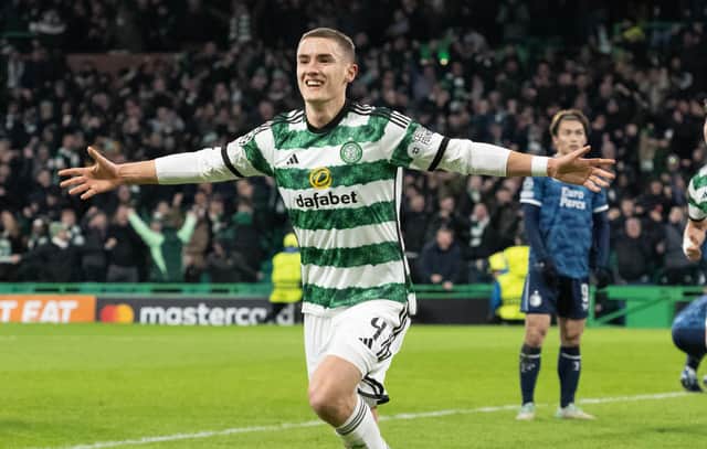 Celtic's Gustaf Lagerbielke celebrates after scoring to make it 2-1 to Celtic over Feyenoord in the 90th minute. (Photo by Paul Devlin / SNS Group)