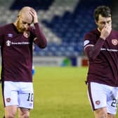 Hearts' Liam Boyce and Craig Halkett at full-time against Inverness.