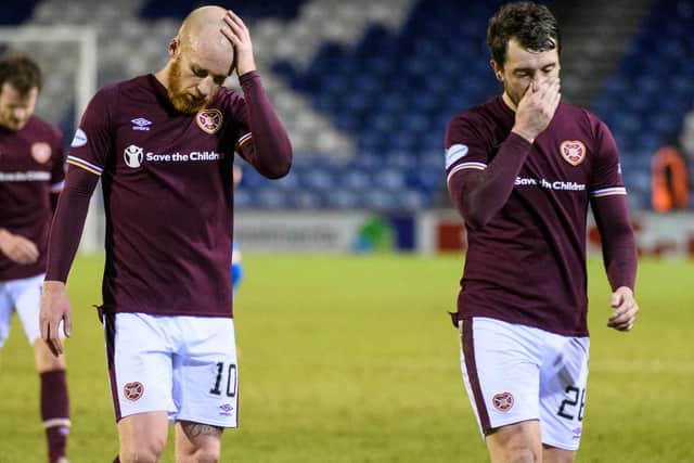 Hearts' Liam Boyce and Craig Halkett at full-time against Inverness.