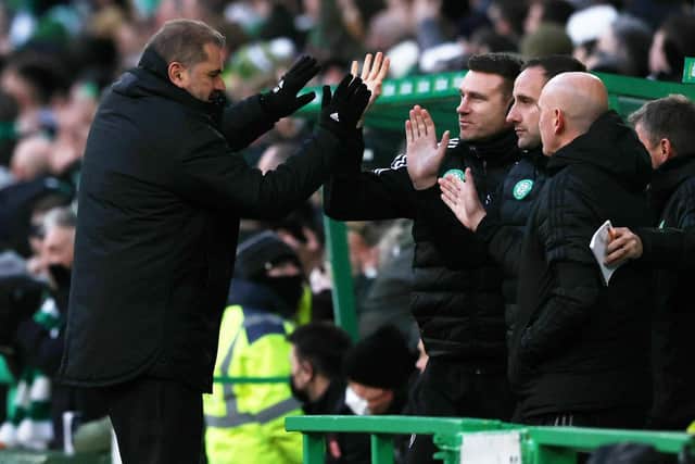 Celtic manager Ange Postecoglou (left) celebrates Jota's goal with his coaching staff during a Cinch premiership match between Celtic and Aberdeen at Celtic Park, on November 28, 2021, in Glasgow, Scotland.  (Photo by Craig Williamson / SNS Group)