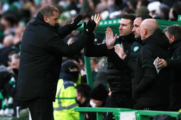 Celtic manager Ange Postecoglou (left) celebrates Jota's goal with his coaching staff during a Cinch premiership match between Celtic and Aberdeen at Celtic Park, on November 28, 2021, in Glasgow, Scotland.  (Photo by Craig Williamson / SNS Group)