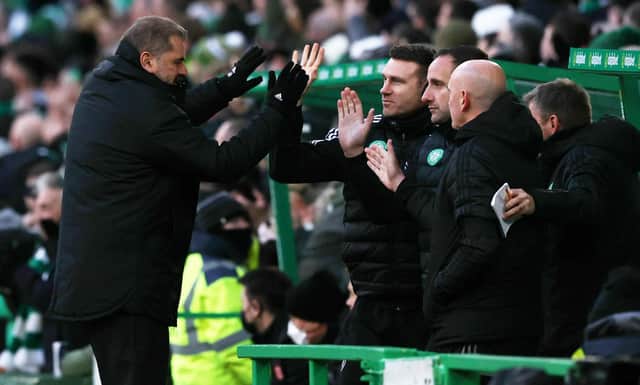 Celtic manager Ange Postecoglou (left) celebrates Jota's goal with his coaching staff during a Cinch premiership match between Celtic and Aberdeen at Celtic Park, on November 28, 2021, in Glasgow, Scotland. (Photo by Craig Williamson / SNS Group)