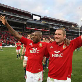 Ugo Monye and Phil Vickery celebrate victory in the third Test against South Africa at altitude at Ellis Park in Johannesburg in 2009. Picture: David Rogers/Getty Images