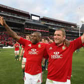 Ugo Monye and Phil Vickery celebrate victory in the third Test against South Africa at altitude at Ellis Park in Johannesburg in 2009. Picture: David Rogers/Getty Images