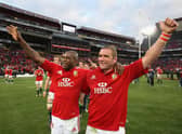 Ugo Monye and Phil Vickery celebrate victory in the third Test against South Africa at altitude at Ellis Park in Johannesburg in 2009. Picture: David Rogers/Getty Images