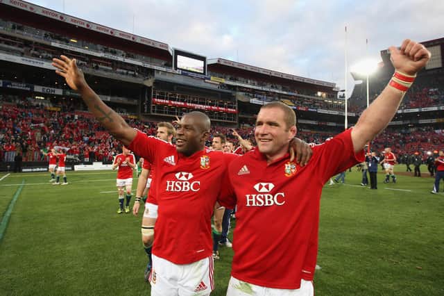 Ugo Monye and Phil Vickery celebrate victory in the third Test against South Africa at altitude at Ellis Park in Johannesburg in 2009. Picture: David Rogers/Getty Images