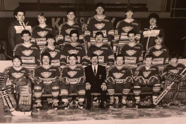 Fife Flyers 1985, British championship winning team led by player-coach Ron Plumb (front, centre)