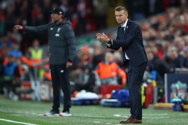 Jesse Marsch on the touchline at Anfield during the UEFA Champions League match that saw Red Bull Salzburg recover a 3-0 deficit before losing 4-3 to Liverpool. (Photo by Clive Brunskill/Getty Images)