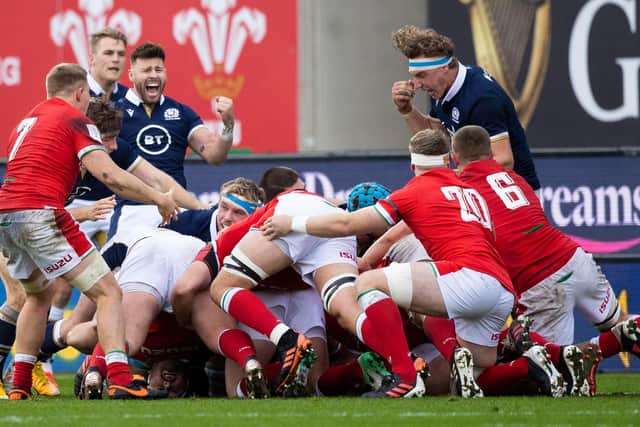 Scotland's new co-captains Ali Price, left, and Jamie Ritchie show their passion during Scotland's win over Wales in the Six Nations last October. Picture: Craig Williamson/SNS