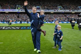 Stuart Hogg with daughter Olivia May Hogg and sons Archie William and George during a Guinness Six Nations match between Scotland and Ireland at BT Murrayfield, on March 12, 2023, which turned out to be his last match for his country.