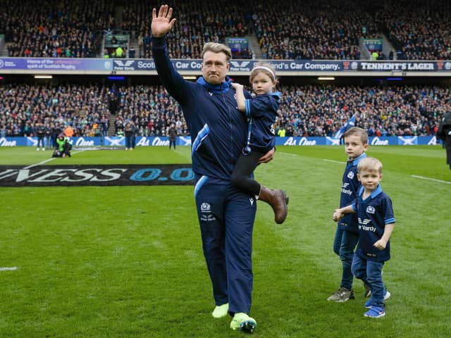 Stuart Hogg with daughter Olivia May Hogg and sons Archie William and George during a Guinness Six Nations match between Scotland and Ireland at BT Murrayfield, on March 12, 2023, which turned out to be his last match for his country.