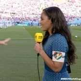 While members of the Wales and England squads never wore their LGBTQ+ support on their sleeves, BBC presenter Alex Scott, right, donned a OneLove armband (Picture: BBC)