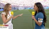 While members of the Wales and England squads never wore their LGBTQ+ support on their sleeves, BBC presenter Alex Scott, right, donned a OneLove armband (Picture: BBC)
