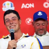 Still smiling, Viktor Hovland speaks to the media along with his captan and team-mates after Europe's heavy defeat in the 43rd Ryder Cup at Whistling Straits. Picture: Andrew Redington/Getty Images.