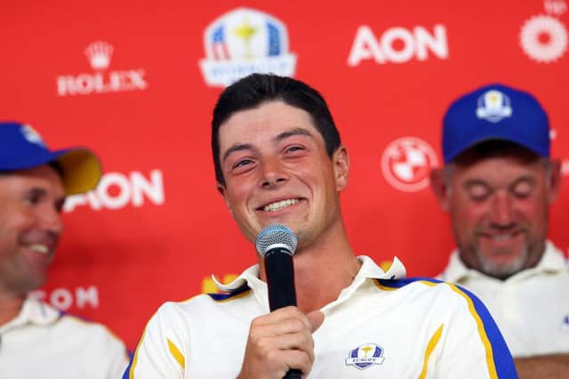 Still smiling, Viktor Hovland speaks to the media along with his captan and team-mates after Europe's heavy defeat in the 43rd Ryder Cup at Whistling Straits. Picture: Andrew Redington/Getty Images.