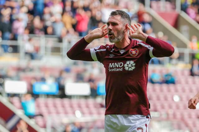 Hearts' Michael Smith celebrates after opening the scoring against Livingston. (Photo by Alan Harvey / SNS Group)