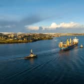 A vessel arriving in Lerwick, Shetland to deliver turbine components for the Viking Wind Farm.