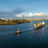 A vessel arriving in Lerwick, Shetland to deliver turbine components for the Viking Wind Farm.