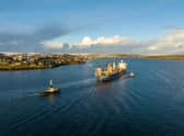 A vessel arriving in Lerwick, Shetland to deliver turbine components for the Viking Wind Farm.
