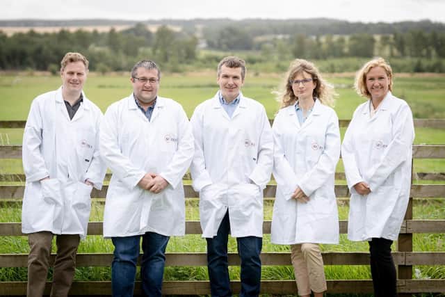 From left to right - Dr Paul Capewell (Bioinformatics consultant), Dr Frank Turnbull (Lab Manager), Dr Robert Coultous (CSO), Marta Lis (Lab tech), Dr Eve Hanks (CEO).