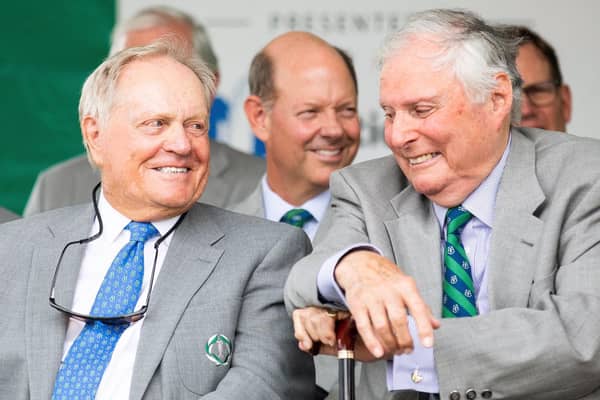 Jack Nicklaus and Peter Alliss share a laugh. Picture: Jack Nicklaus