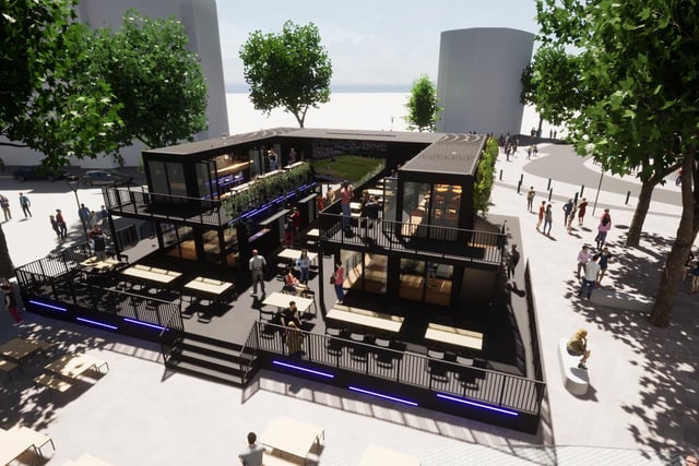 Artist's impression of plans to build a 'box' of cafes, shops and toilets on Fargate in Sheffield city centre near the Town Hall. Sheffield Council and Steel Yard are collaborating on the plans and aim to have it open later this year in 2022. Credit: ADD Architects.