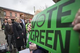 England and Wales Green Party leader Natalie Bennett joins Scottish Greens co-convener Patrick Harvie (left), and West of Scotland Candidate Ross Greer (right), as they launch the party's West of Scotland campaign during a visit to Paisley. Picture: Danny Lawson/PA