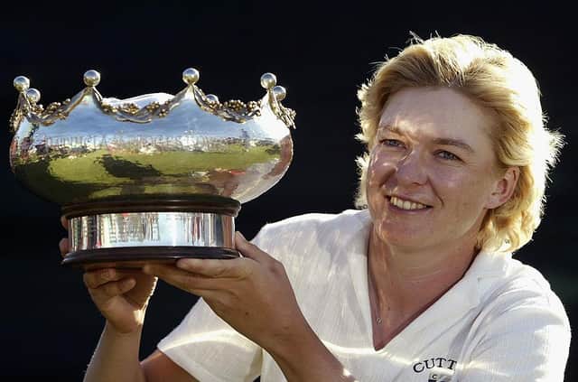 Mhairi McKay celebrates with the trophy after winning the 2003 AAMI Women's Australian Open at Terrey Hills Golf Club in Sydney. PIcture: Adam Pretty/Getty Images.