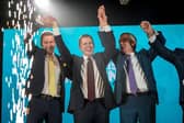Reform UK Chairman David Bull, left, and new convert Robert Jenrick - both former Tories - with Reform UK leader Nigel Farage earlier this month (Picture: Christopher Furlong/Getty Images)