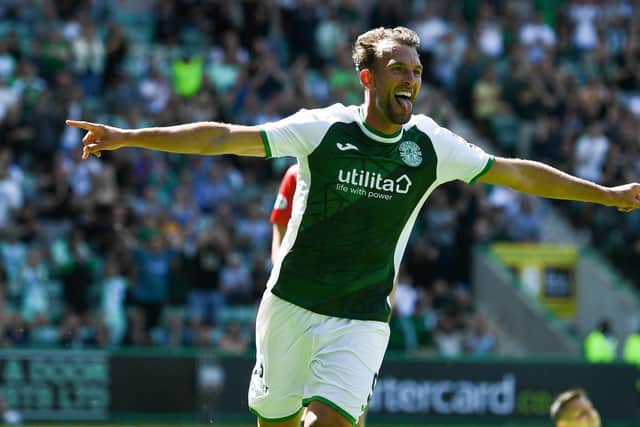 Christian Doidge celebrates after sealing his hat-trick in the 5-0 win over Clyde. (Photo by Craig Foy / SNS Group)