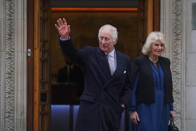 King Charles III and Queen Camilla departing The London Clinic in central London, where King Charles had undergone a procedure for an enlarged prostate. Photo: Victoria Jones/PA Wire