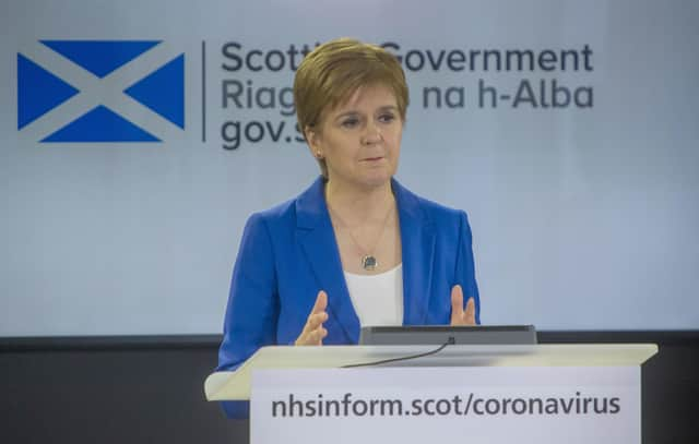 Scotland's First Minister Nicola Sturgeon holds a COVID-19 press briefing in St Andrew's House, Edinburgh.