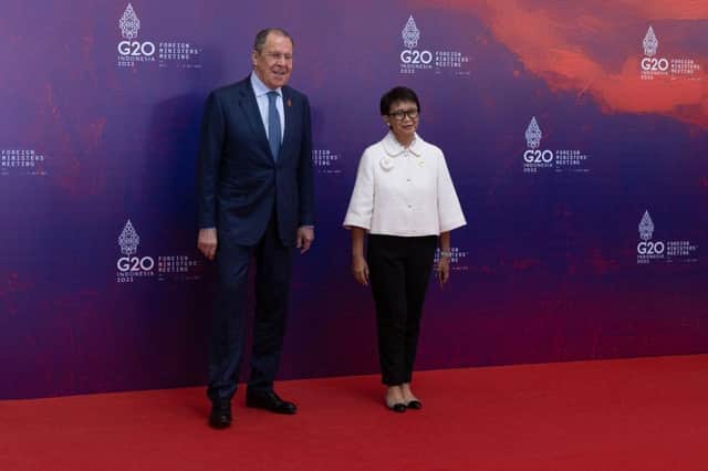 The Indonesian Minister for Foreign Affairs, Retno Marsudi greets the Minister of Foreign Affairs of the Russian Federation, Sergey Lavrov at the G20 Foreign Ministers and Head of Department meeting.