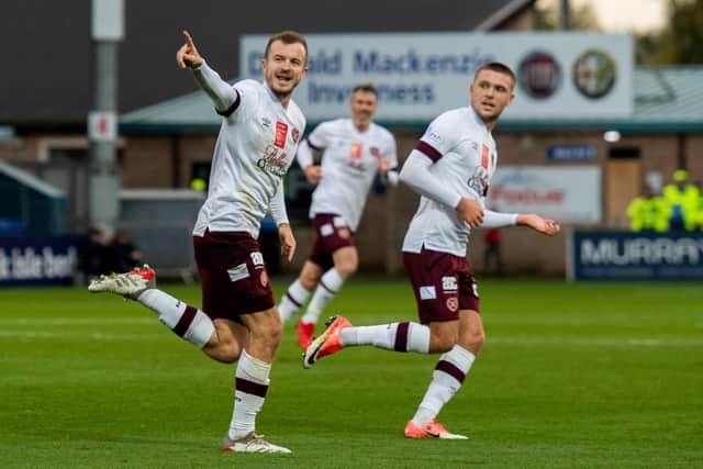 Andy Halliday celebrates after heading Hearts 2-1 in front at Ross County. (Photo by Mark Scates / SNS Group)