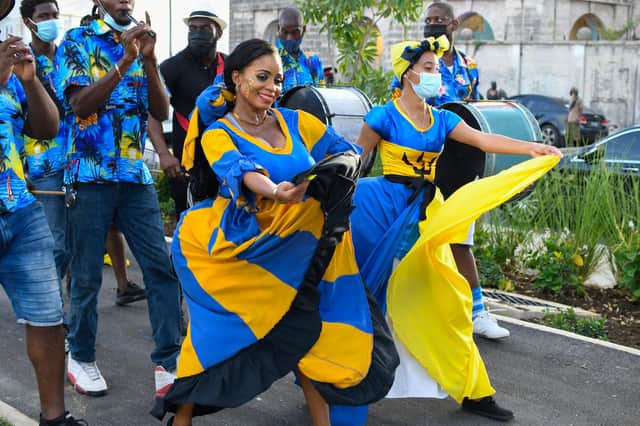Barbadian women dance as the island cuts ties with the British monarchy (Picture: Randy Brooks/AFP via Getty Images)