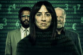 Morven Christie with Peter Mullan and Prasanna Puwanarajah, stars of Payback