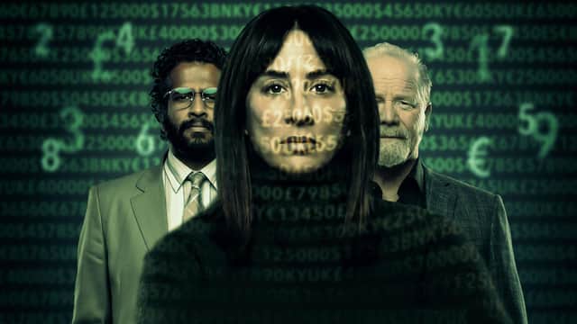Morven Christie with Peter Mullan and Prasanna Puwanarajah, stars of Payback