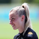 Leah Williamson of England looks on during an England Women Training Session at St George's Park on May 31, 2022 in Burton upon Trent, England. (Photo by Alex Livesey/Getty Images)