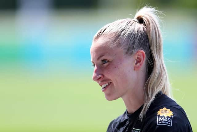 Leah Williamson of England looks on during an England Women Training Session at St George's Park on May 31, 2022 in Burton upon Trent, England. (Photo by Alex Livesey/Getty Images)