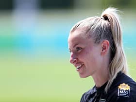 Leah Williamson of England looks on during an England Women Training Session at St George's Park on May 31, 2022 in Burton upon Trent, England. (Photo by Alex Livesey/Getty Images)
